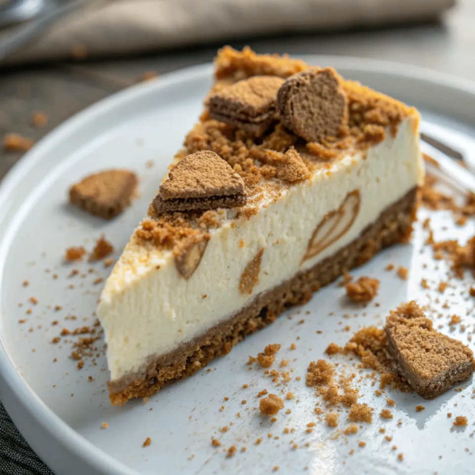 Nahaufnahme von einem Spekulatius-Käsekuchen mit cremiger Füllung, knusprigem Spekulatiusboden und Zimt bestreut
