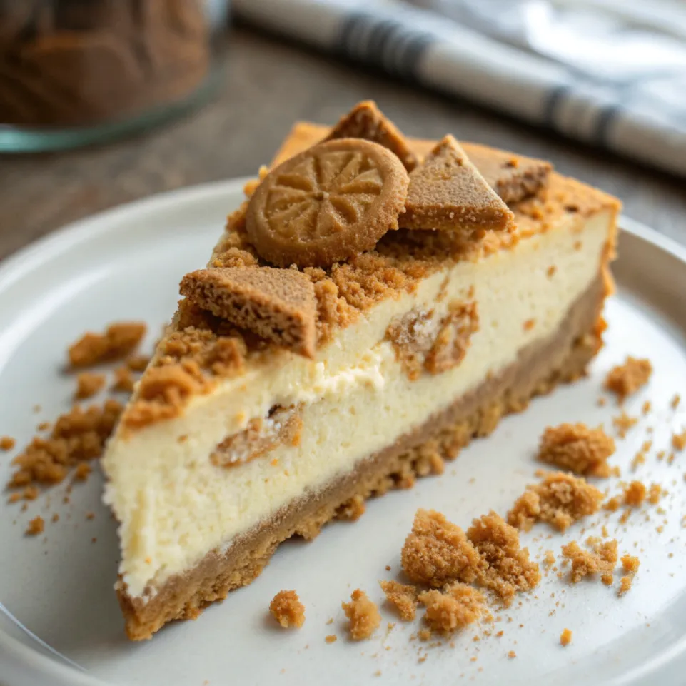 Nahaufnahme von einem Spekulatius-Käsekuchen mit cremiger Füllung, knusprigem Spekulatiusboden und Zimt bestreut