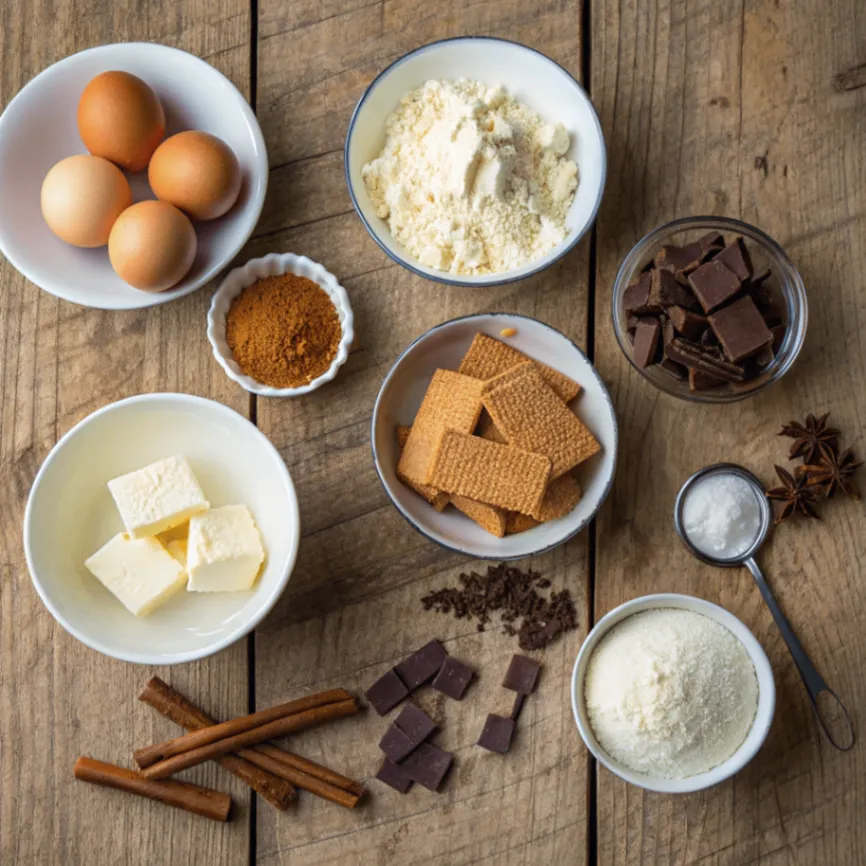 Alle Zutaten für Spekulatius-Käsekuchen auf einem Holztisch: Spekulatiuskekse, Butter, Quark, Frischkäse, Zucker, Eier, Vanille, Zimt, Muskatnuss und Sahne