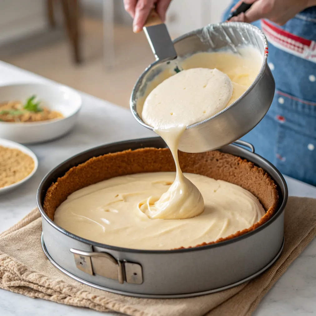 Käsefüllung wird auf den Spekulatiusboden in der Springform gegossen und glattgestrichen