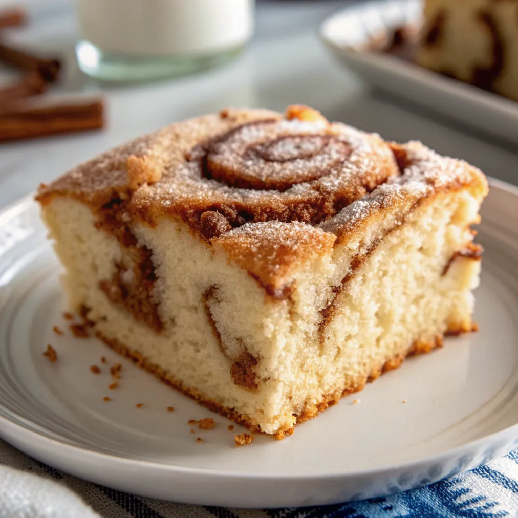Supersaftiger Zimtkuchen auf einem Holztisch, frisch gebacken und mit Zimt bestäubt