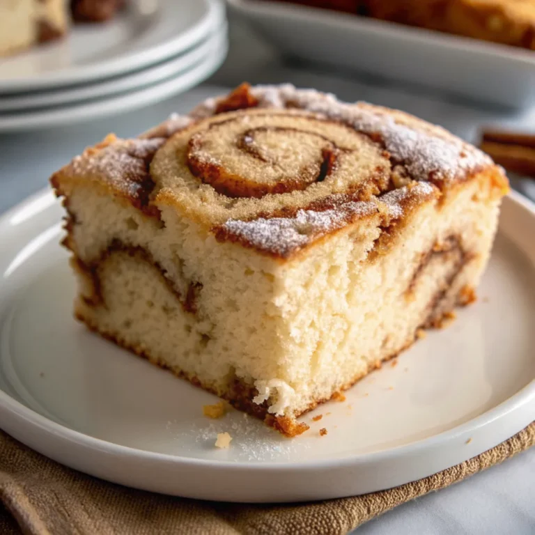 Supersaftiger Zimtkuchen auf einem Holztisch, frisch gebacken und mit Zimt bestäubt