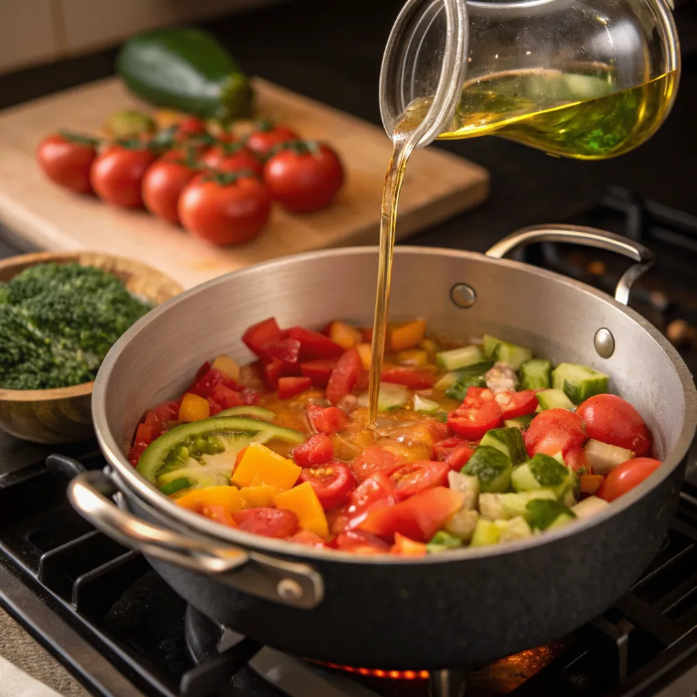 Gehackte Tomaten und Gemüsebrühe werden zu Gemüse im Topf hinzugefügt