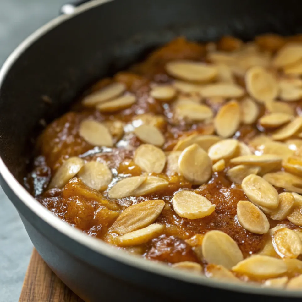 Karamellisierte Mandelhaube für Bienenstich-Biskuitrolle