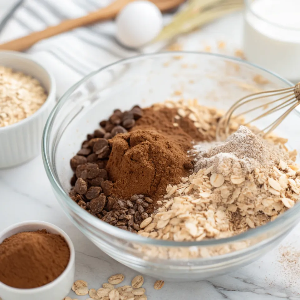 Schritt 2 der Hüttenkäse-Brownie-Protein-Bällchen: Trockene Zutaten wie Haferflocken und Kakaopulver mischen