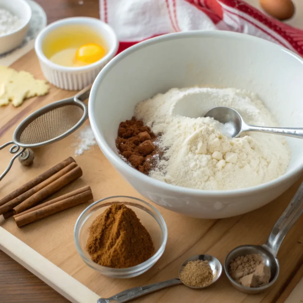 Mehl, Zucker, Zimt und Backpulver für Klassischer Zimt-Streusel-Kaffeekuchen mischen