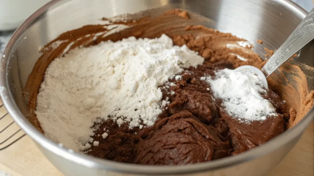 Ein stimmungsvolles Bild, das das vorsichtige Einrühren der trockenen Zutaten zeigt – entscheidend für die perfekte Textur und Struktur der Saftigen Avocado-Brownies.