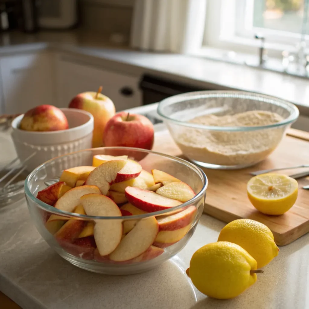 Geschnittene Äpfel in einer Schüssel, bereit für den Apfel Zimt Crumble Kuchen