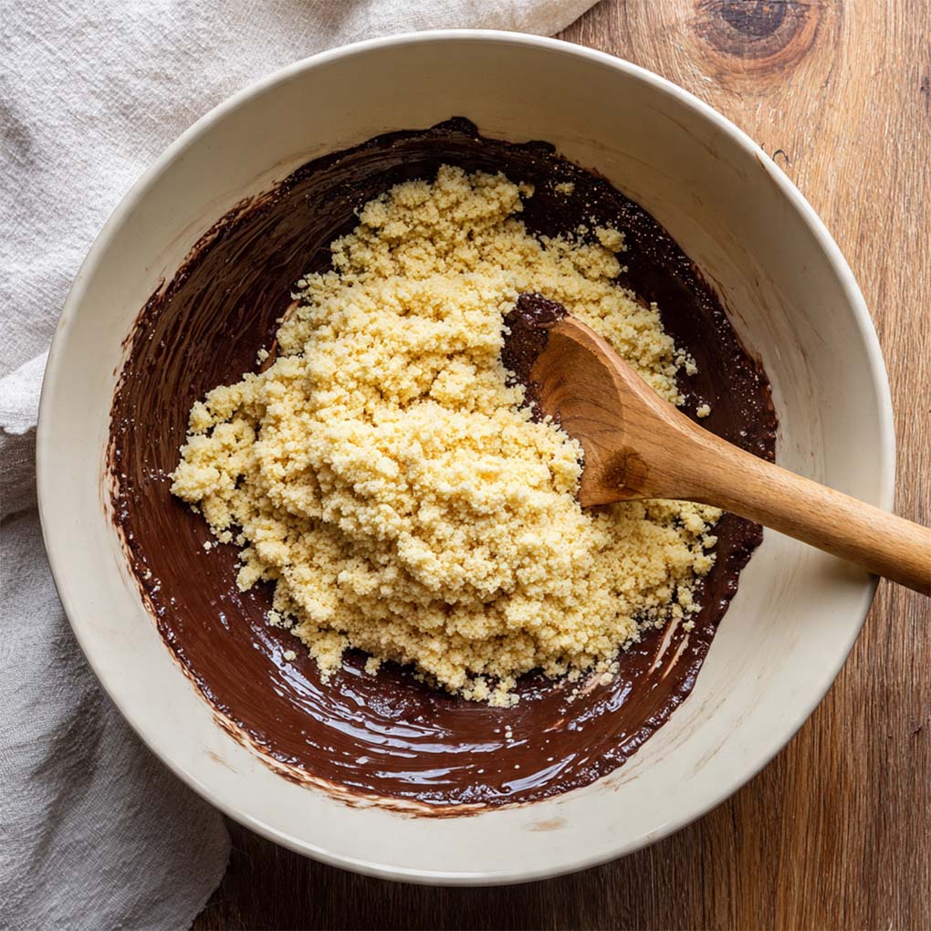 Zerbröselte Kekse in die Schokoladenmasse einarbeiten
