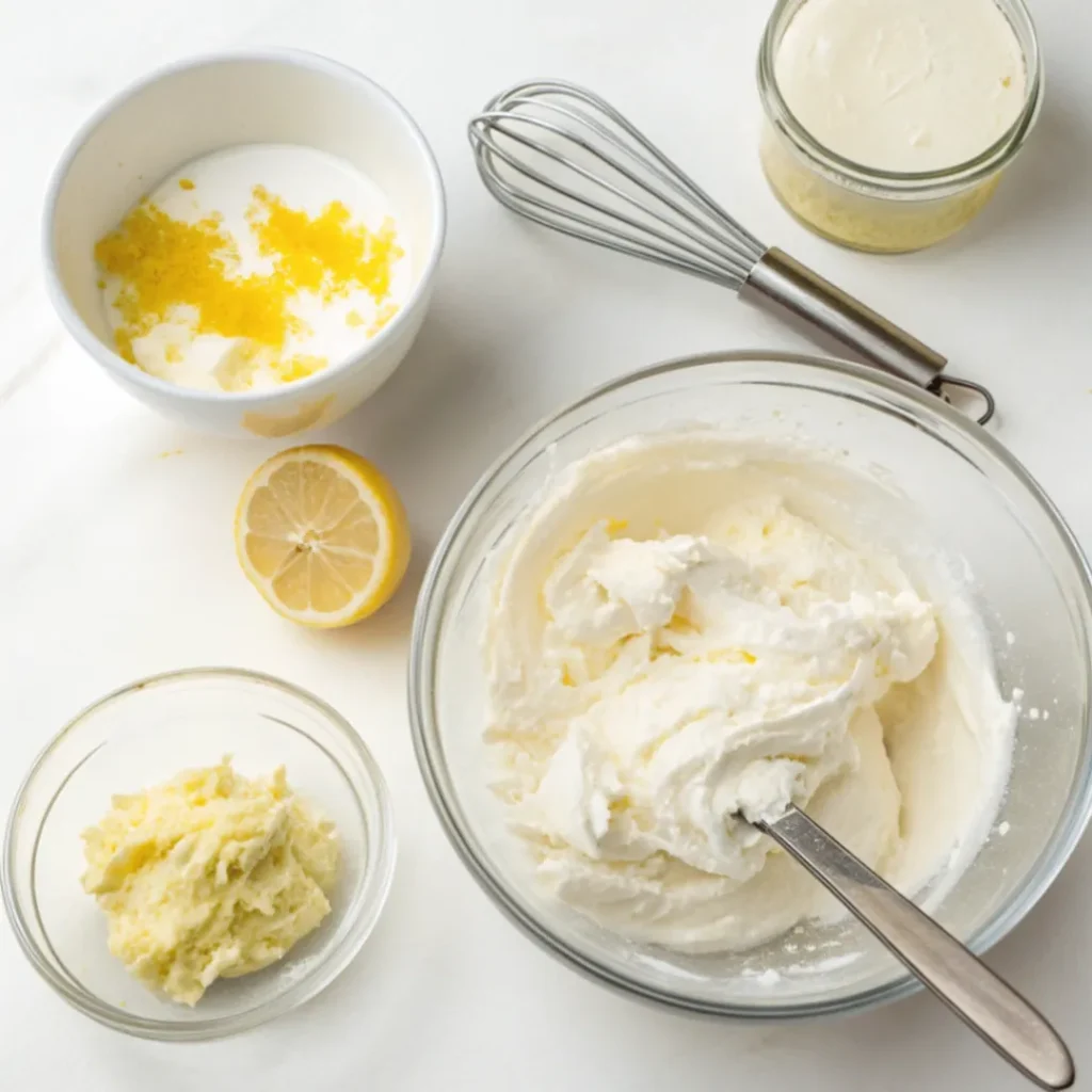 Cremige Zitronen-Frischkäse-Mischung mit Limoncello in Schüssel
