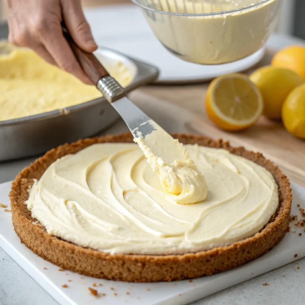 Zitronencreme wird auf Keksboden in Springform verteilt