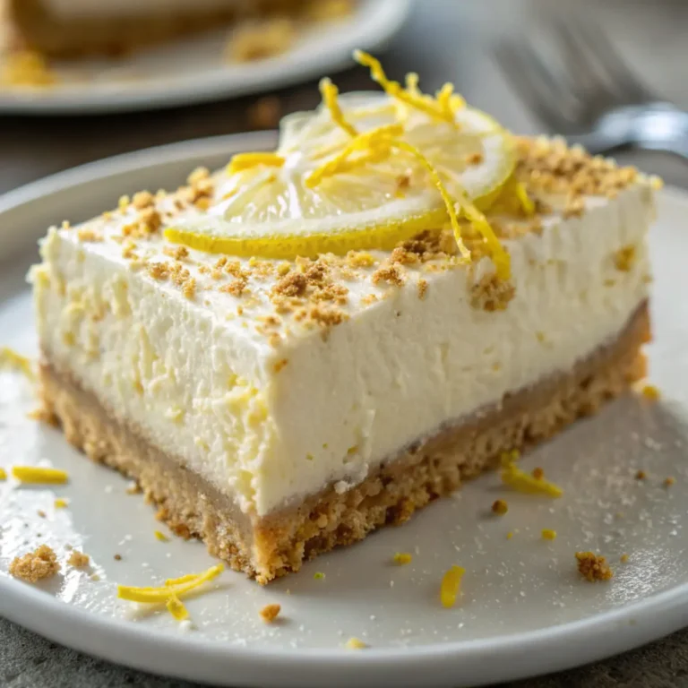 Ein Stück Zitronentorte ohne Backen mit Limoncello, cremige Schichten mit Zitronenzesten, auf einem weißen Dessertteller angerichtet