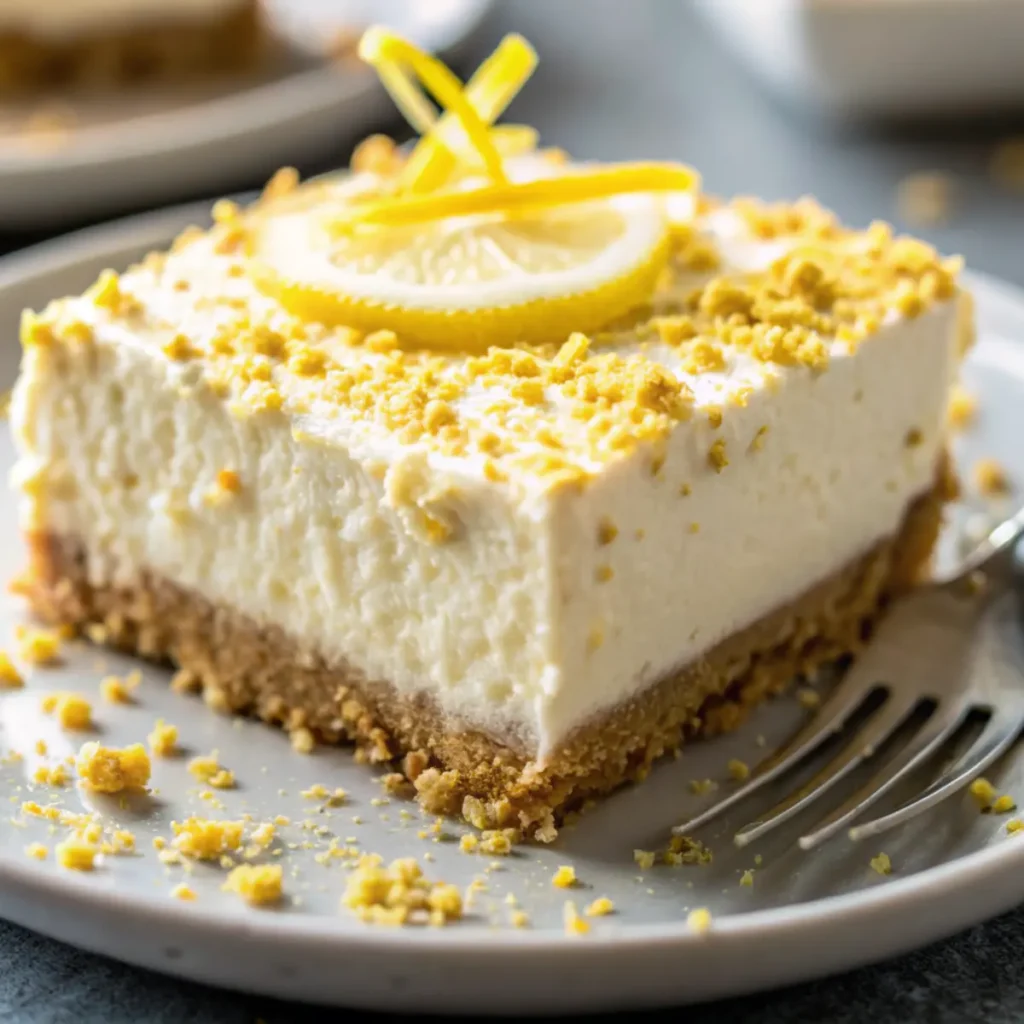 Ein Stück Zitronentorte ohne Backen mit Limoncello, cremige Schichten mit Zitronenzesten, auf einem weißen Dessertteller angerichtet