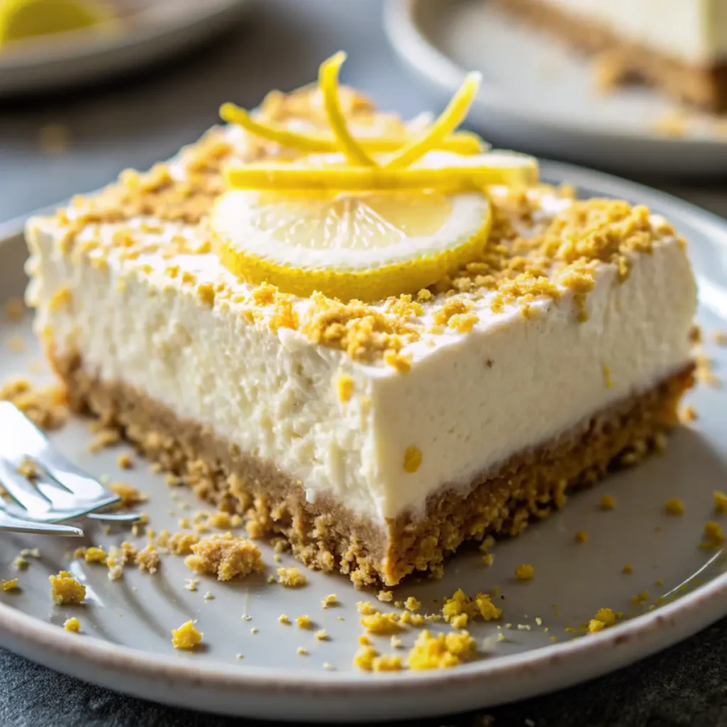 Ein Stück Zitronentorte ohne Backen mit Limoncello, cremige Schichten mit Zitronenzesten, auf einem weißen Dessertteller angerichtet