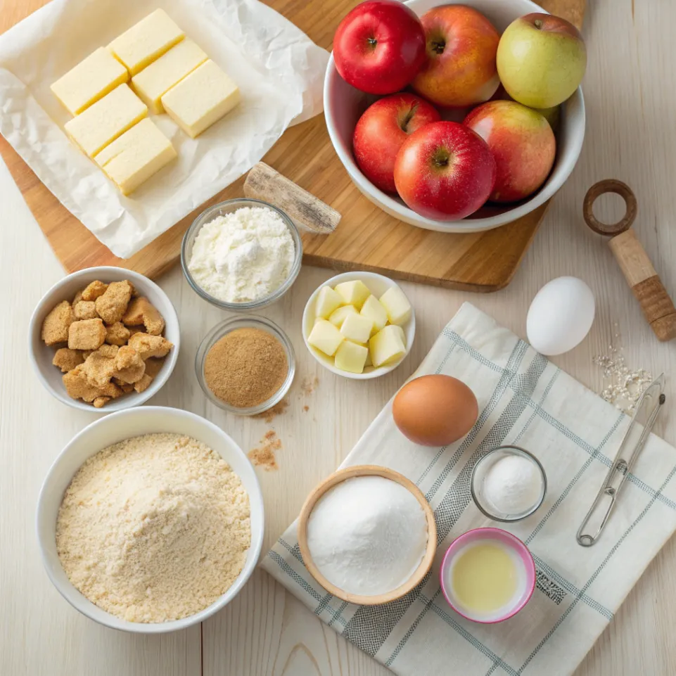 Alle Zutaten für Apfel-Crumble-Käsekuchen auf einem Holzbrett, inklusive Butterkekse, Butter, Äpfel, Eier, Zucker, Mehl, Quark und Frischkäse