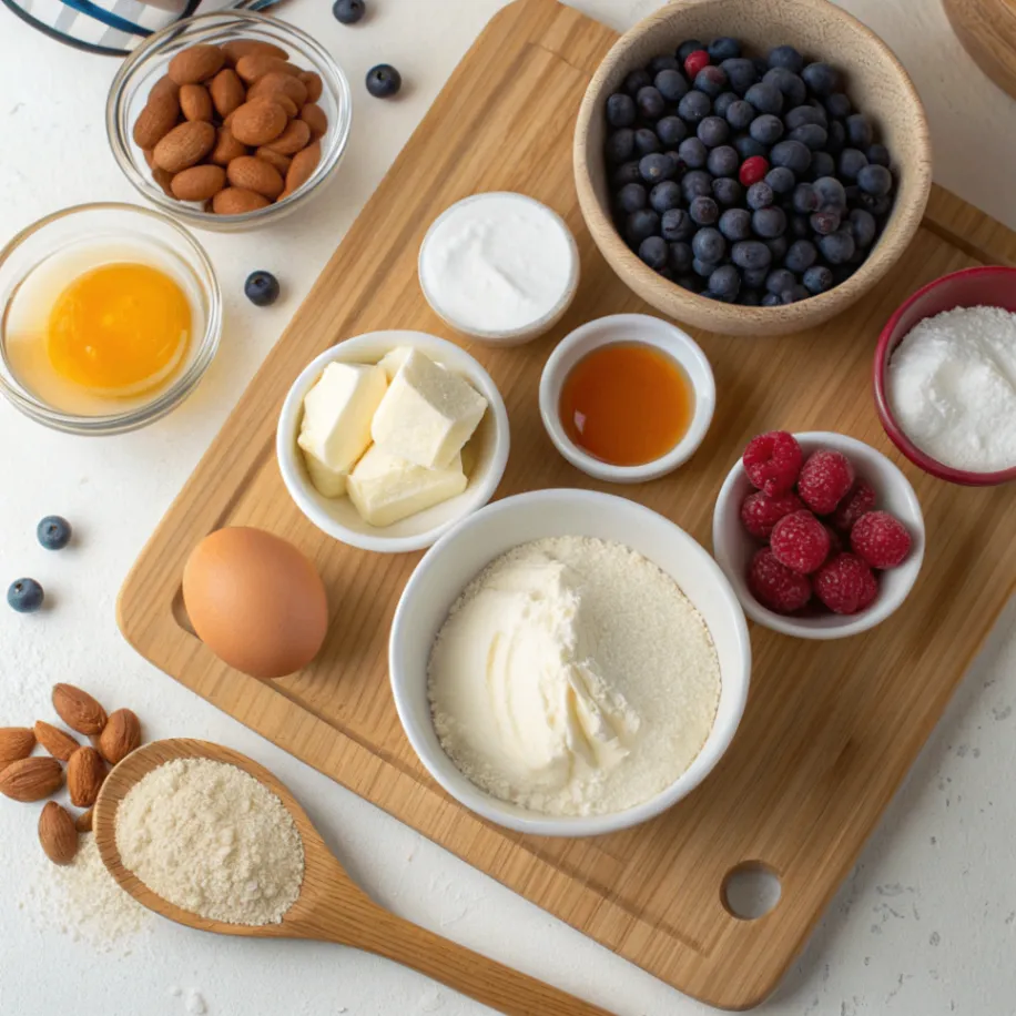 Alle Zutaten für Bienenstich-Schnitten mit Heidelbeer-Creme auf Holzbrett arrangiert