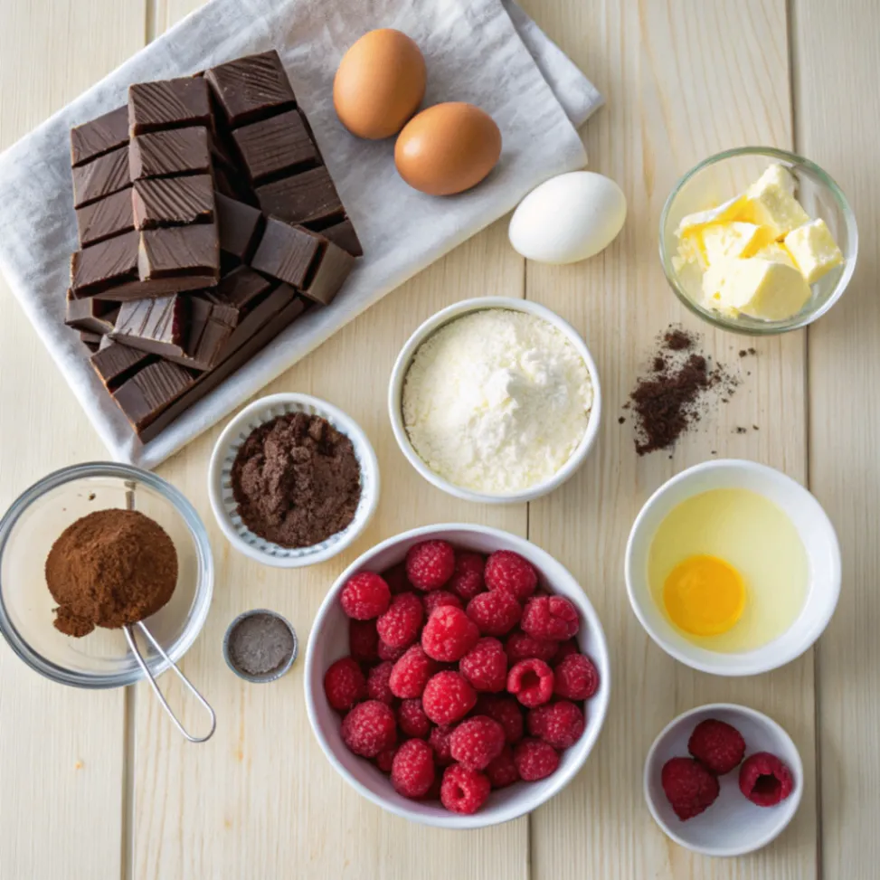 Zutaten für Himbeer-Brownie-Cheesecake mit Schokolade, Himbeeren, Frischkäse und Butter auf Holztisch
