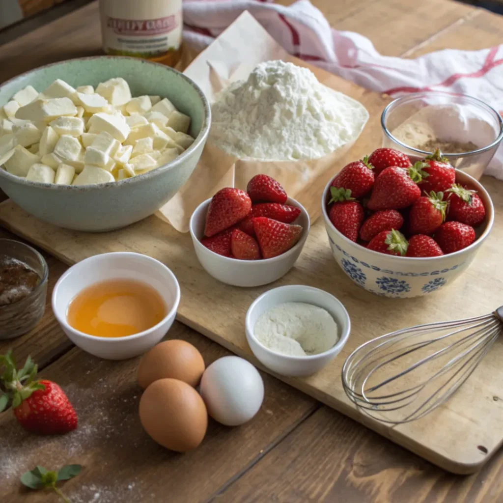 Alle Zutaten für Himmlischer Frau Holle Kuchen: Erdbeeren, Schokolade, Sahne, Eier, Zucker, Mehl und Öl auf einem rustikalen Küchentisch