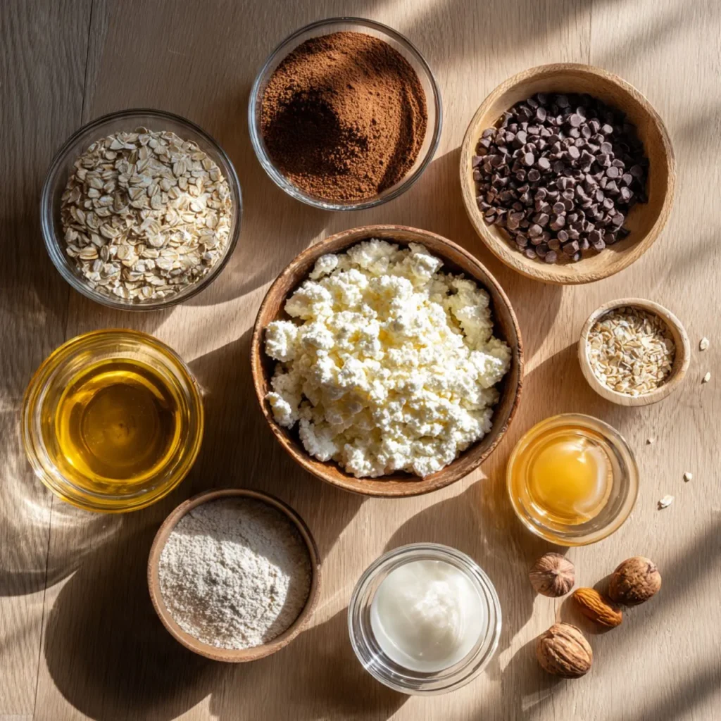 Alle Zutaten für Hüttenkäse-Brownie-Protein-Bällchen: Hüttenkäse, Kakaopulver, Haferflocken, Honig, Proteinpulver, Vanilleextrakt, Schokoladenstückchen und Nüsse auf einem Holzbrett
