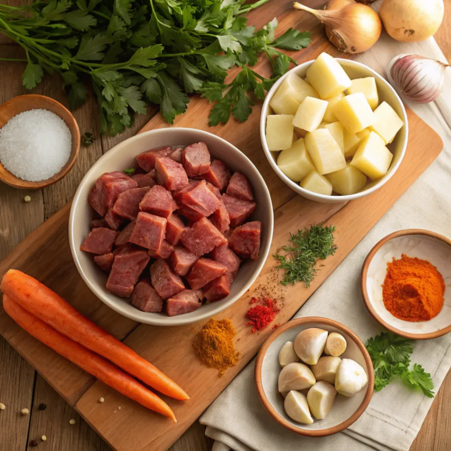 Frische Zutaten für Kartoffel-Fleisch-Topf: Fleisch, Kartoffeln, Karotten, Zwiebeln und Kräuter