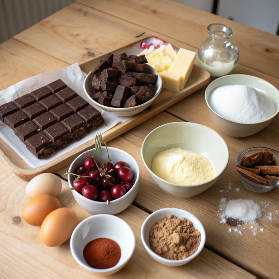 Zutaten für Kirsch-Brownie mit Streuseln – Schokolade, Kirschen, Butter, Mehl und Zucker auf Holztisch
