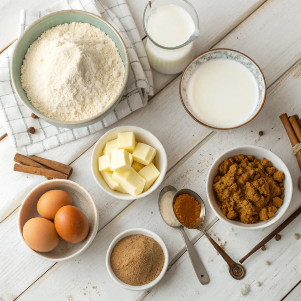 Zutaten für Klassischer Zimt-Streusel-Kaffeekuchen mit Mehl, Zucker, Butter, Eiern und Zimt auf Holztisch