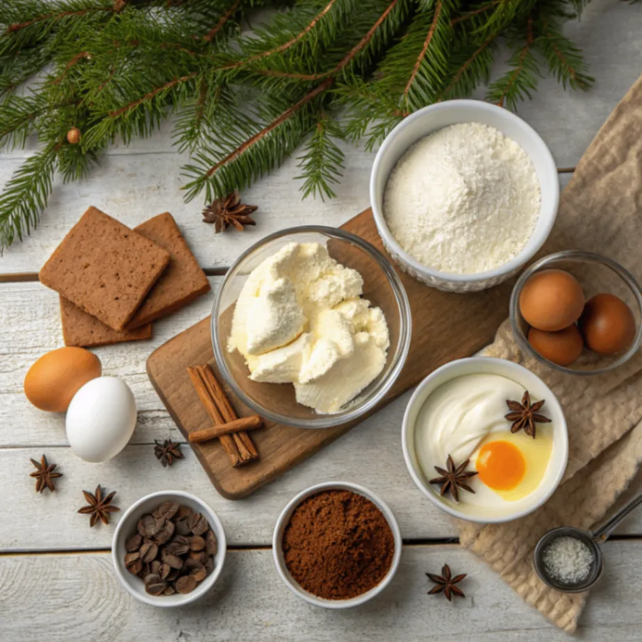 Alle Zutaten für eine Lebkuchen Lasagne auf einem Holztisch: Lebkuchen, Mascarpone, Frischkäse, Sahne, Puderzucker, Vanille, Zimt und Schokolade