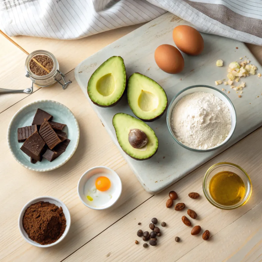 Frische Zutaten für Saftige Avocado-Brownies mit Avocado, Kakao, Schokolade und Honig auf Holztisch