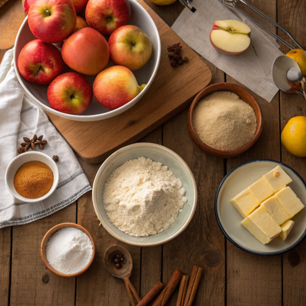 Alle Zutaten für einen saftigen Apfel Zimt Crumble Kuchen auf einem rustikalen Holztisch