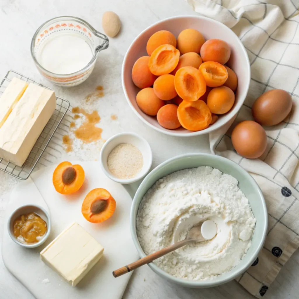 Zutaten für Schmandkuchen mit Aprikosen: frische Aprikosen, Schmand, Eier, Zucker, Butter, Mehl und Vanille auf einem hellen Tisch