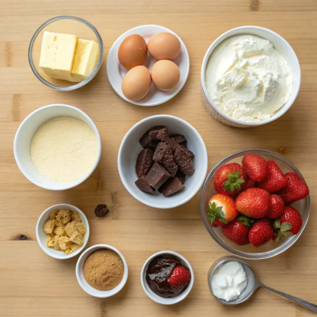 Frisch zubereitete Zutaten für Schokoladen Erdbeer Wirbel Käsekuchen: Butterkekse, Frischkäse, Eier, Erdbeeren und geschmolzene Schokolade