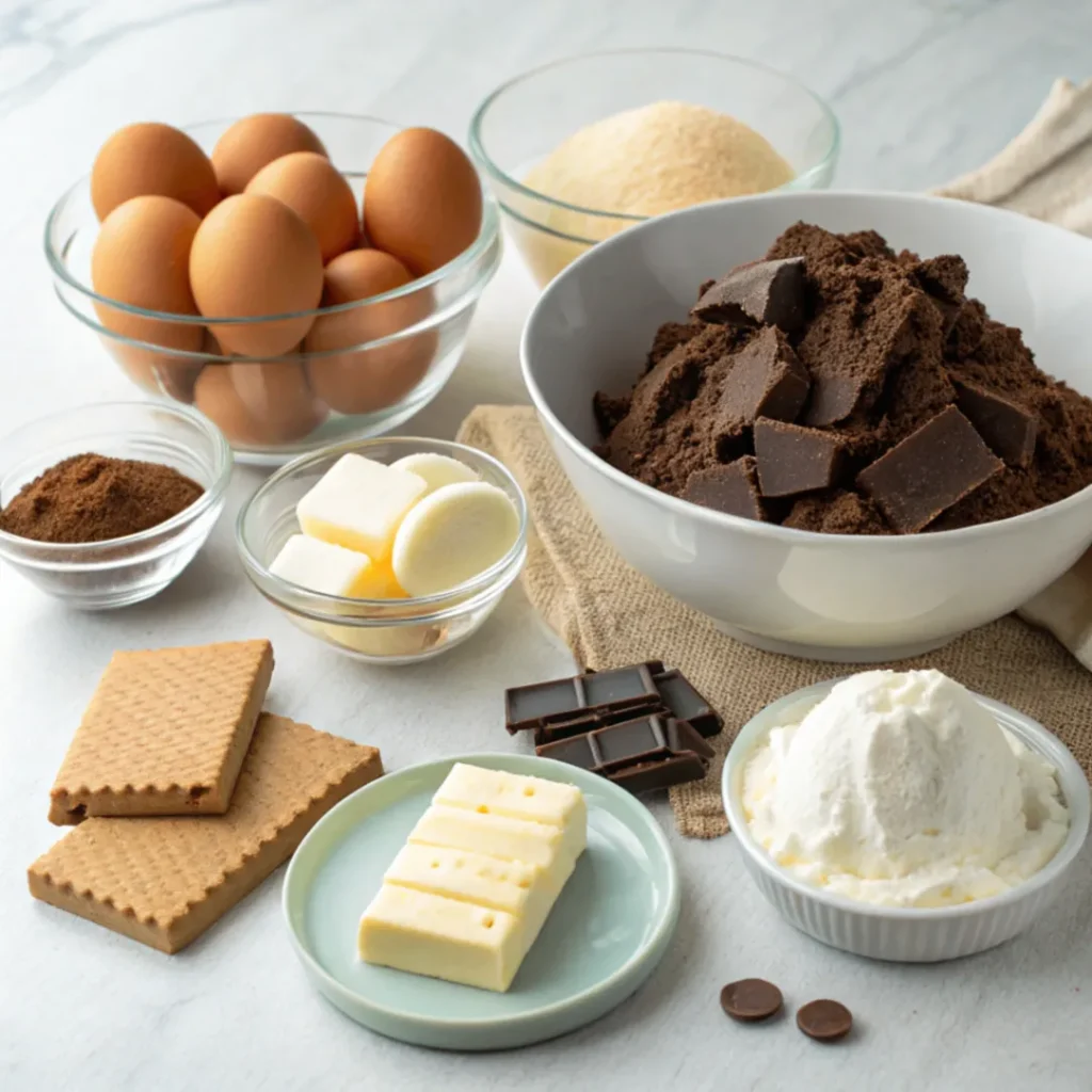 Zutaten für Schokomousse Torte: Schokolade, Eier, Zucker, Butter, Sahne und Löffelbiskuits