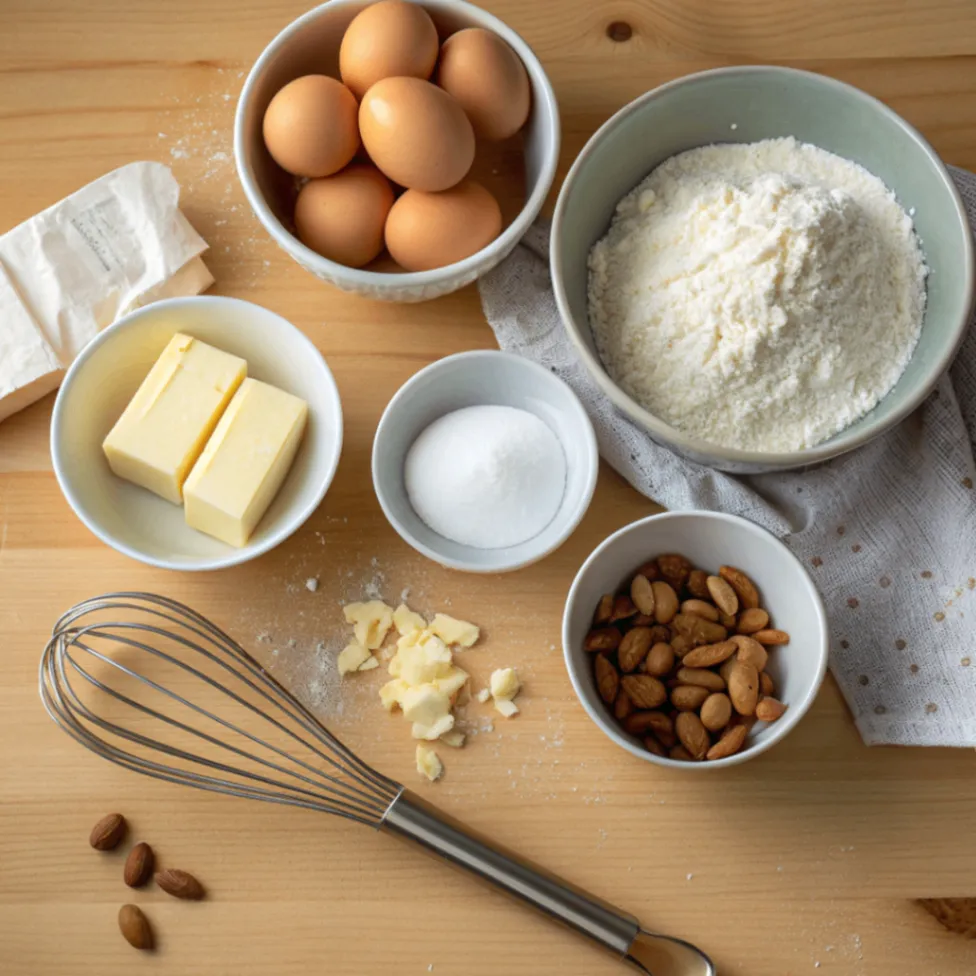 Alle Zutaten für die Zubereitung einer Schwedischen Mandeltorte: Butter, Zucker, Eier, Mehl, gemahlene Mandeln und Backpulver, dekorativ arrangiert auf einer Holzoberfläche