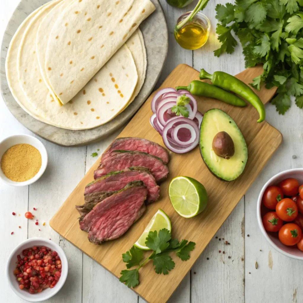 Frische Zutaten für Skirt Steak Tacos auf einem Holzbrett, inklusive Skirt Steak, Tortillas, Tomaten, Avocado, Zwiebeln, Limetten und Gewürze