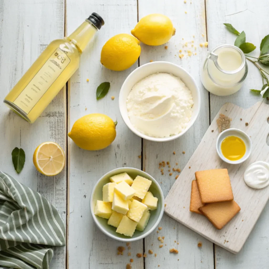Zutaten für Zitronentorte ohne Backen mit Limoncello: Zitronen, Limoncello, Frischkäse, Sahne, Zucker, Butter und Kekse