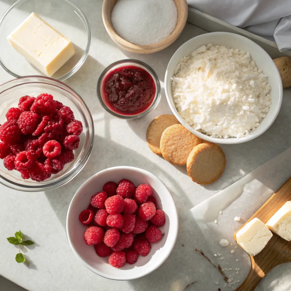 Frische Zutaten für Himbeer-Kokos-Kuchen ohne Backen mit Himbeeren, Kokos und Butterkeksen