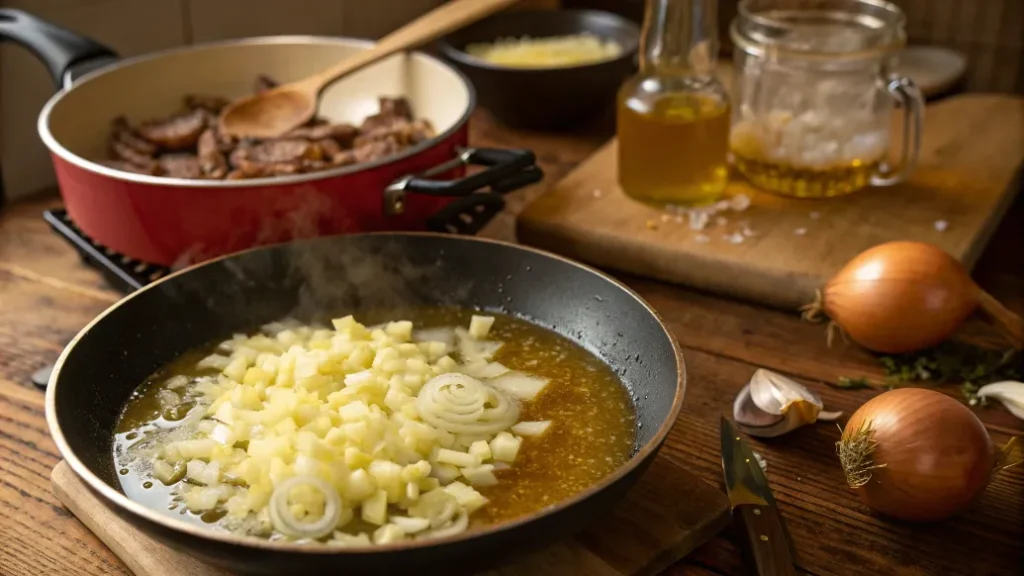 In diesem Schritt werden Zwiebeln angeröstet und die Brühe vorbereitet, um das volle Aroma für das Kartoffelschnitz und Spätzle zu entfalten.