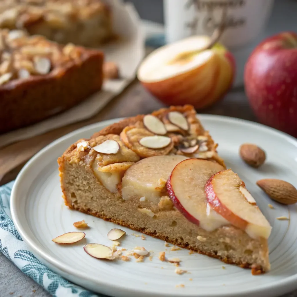 Herbstliche Apfelweintorte mit knusprigem Mandelboden auf rustikalem Holztisch, dekoriert mit Äpfeln und Mandeln