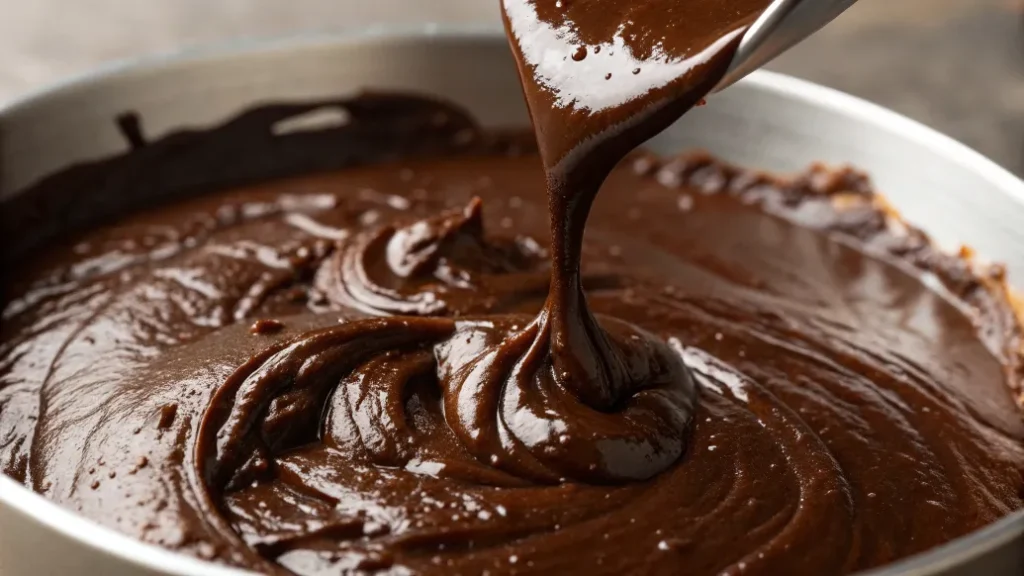 Dunkle Schokolade wird in den Teig für Saftige Avocado-Brownies eingerührt