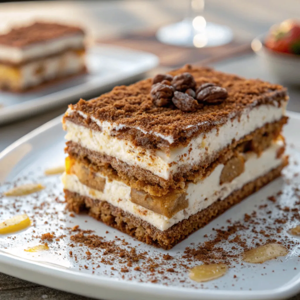 Lebkuchen Lasagne mit cremiger Mascarpone-Schicht und weihnachtlichen Gewürzen, serviert als festliches Dessert