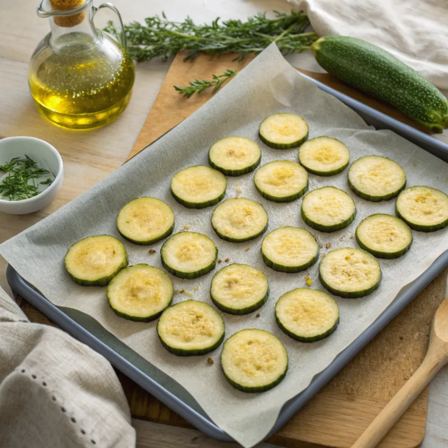 Gleichmäßig angeordnete, panierte Zucchini in kreisförmigem Muster auf einem Backblech, leicht mit Olivenöl bestrichen