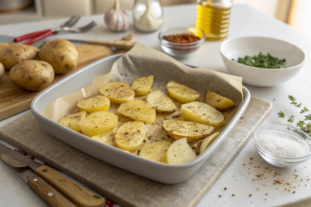 Gewürzte Kartoffelscheiben gleichmäßig auf einem Backblech verteilt, bereit für den Ofen