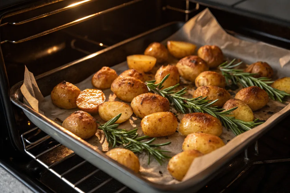 Schnelle Rosmarinkartoffeln vom Blech werden goldbraun im Ofen gebacken