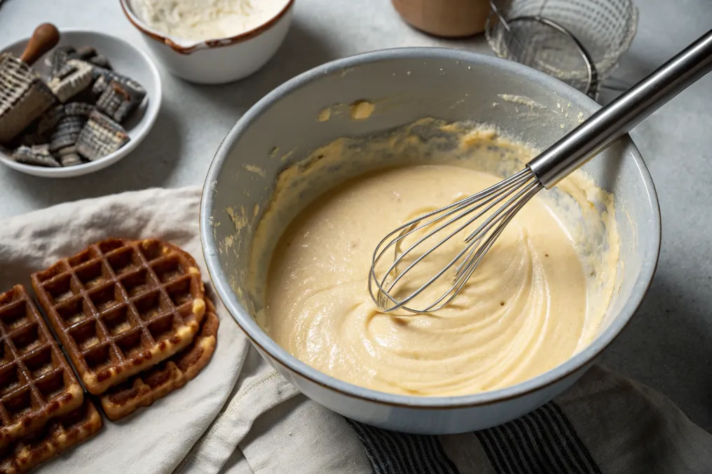 Cremiger Waffelteig für Belgische Waffeln wird in einer Schüssel verrührt