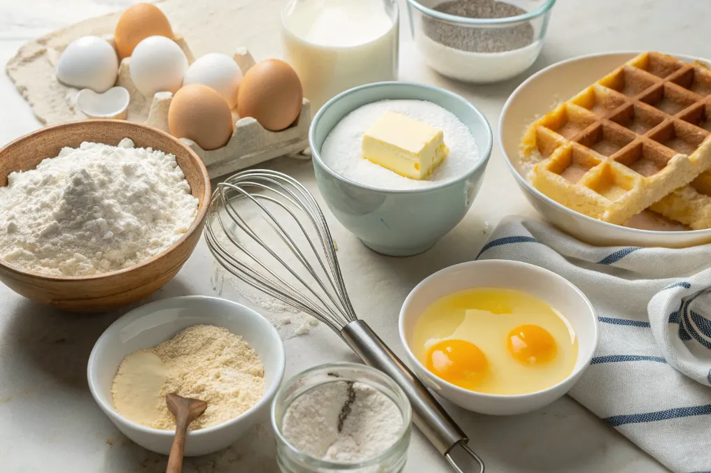 Ein Schritt-für-Schritt-Bild zur Zubereitung des Teigs für Belgische Waffeln, zeigt die Mischung von Mehl, Eiern, Milch und Butter. v