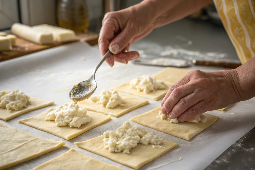 Blätterteig mit Schafskäsemischung befüllen und zusammenfalten