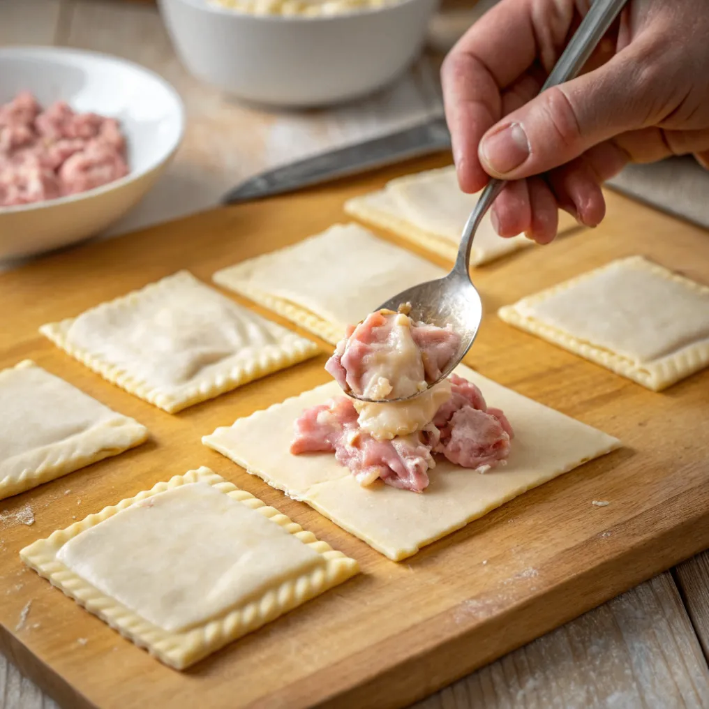 Blätterteigquadrat mit cremiger Schinken-Käse-Füllung in der Mitte
