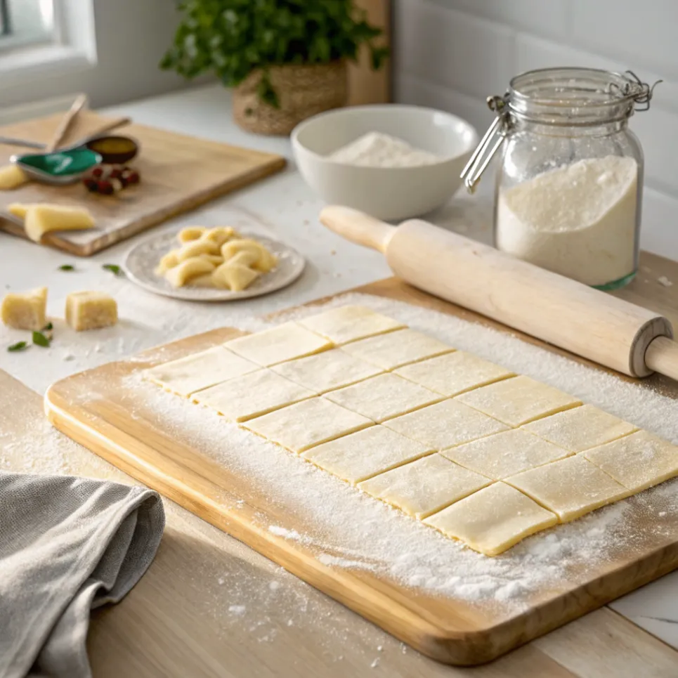 Ausgerollter Blätterteig in gleichmäßige Quadrate geschnitten