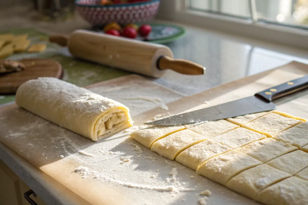 Ausgerollter Blätterteig in Quadrate geschnitten für Schafskäse mit Blätterteig