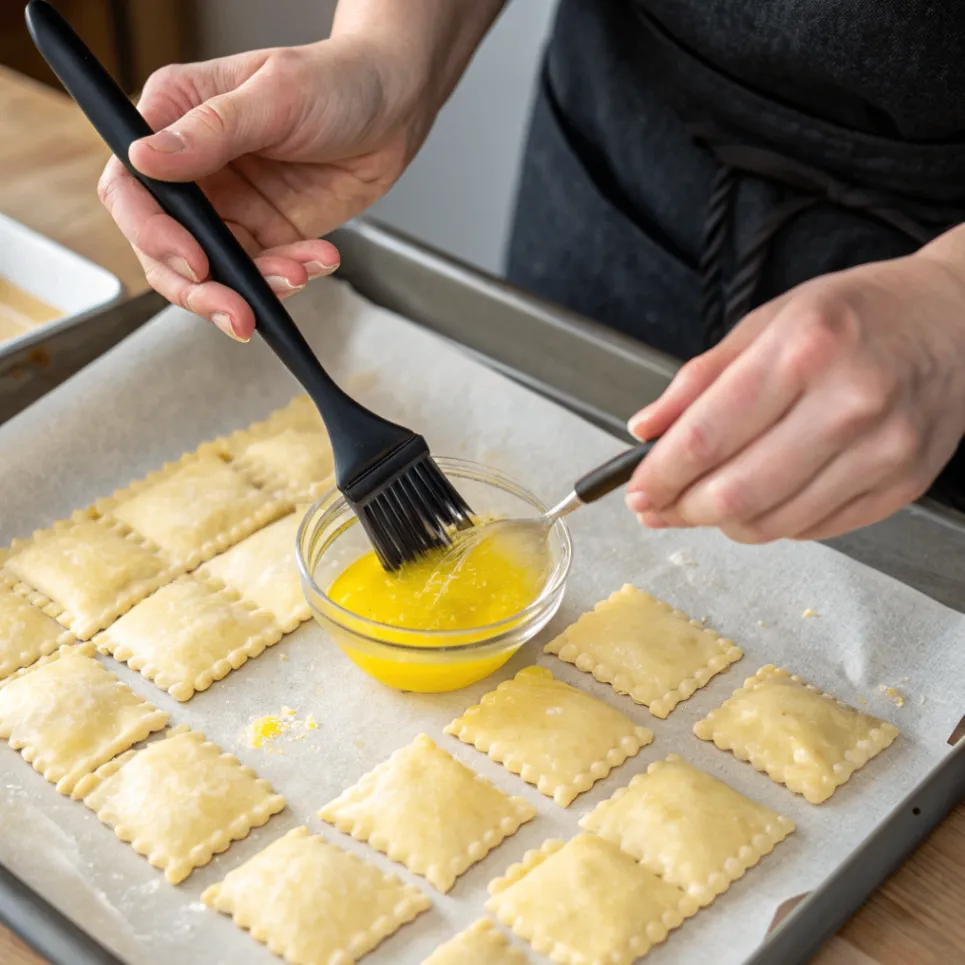 Ungebackene Blätterteigtaschen werden mit Eigelb bestrichen